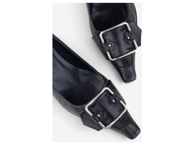 Prada 2000s Square-Toe Large Buckle Kitten-Heel Pumps Black - view 2