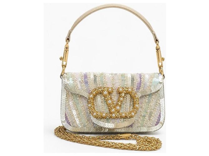 Valentino Garavani Locò Small Borsa a spalla ricamata VLogo Bianco Multicolore D'oro Metallico - vista 3