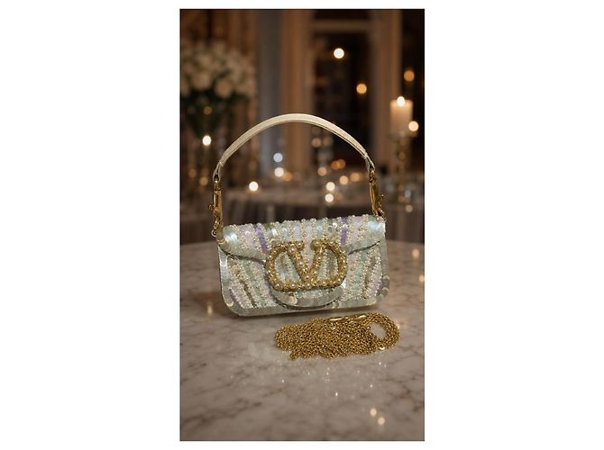 Valentino Garavani Locò Small Borsa a spalla ricamata VLogo Bianco Multicolore D'oro Metallico - vista 4