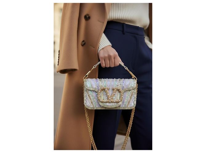 Valentino Garavani Locò Small Borsa a spalla ricamata VLogo Bianco Multicolore D'oro Metallico - vista 5