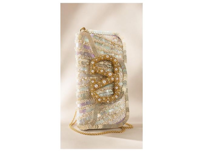 Valentino Garavani Locò Small Borsa a spalla ricamata VLogo Bianco Multicolore D'oro Metallico - vista 7