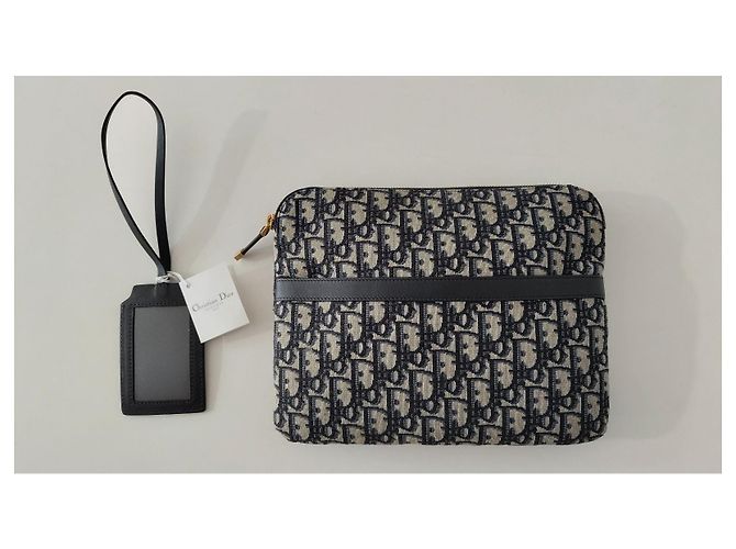 Pouch Christian Dior Oblique in tela jacquard Beige Blu scuro - vista 3