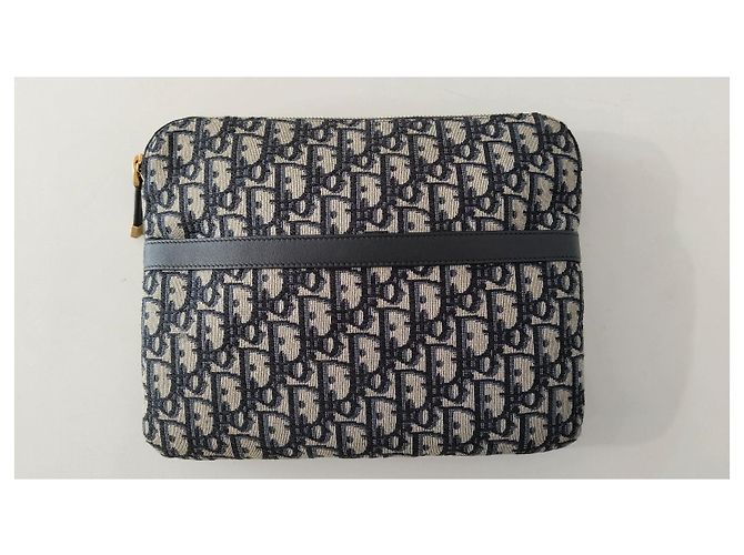 Pouch Christian Dior Oblique in tela jacquard Beige Blu scuro - vista 4