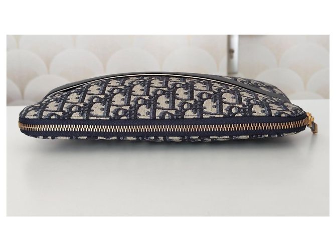 Pouch Christian Dior Oblique in tela jacquard Beige Blu scuro - vista 7