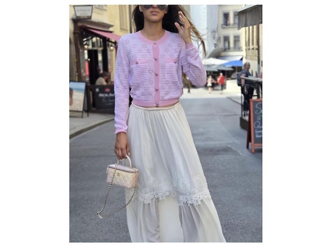 Chanel Cardigã de malha à riscas rosa e branco - vista 10