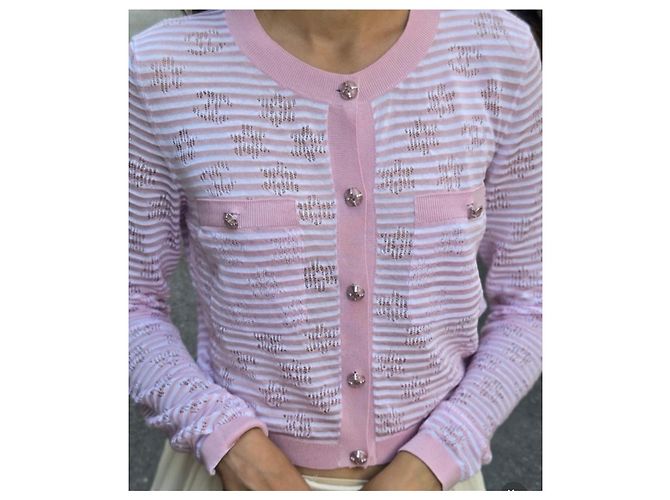 Chanel Cardigã de malha à riscas rosa e branco - vista 2