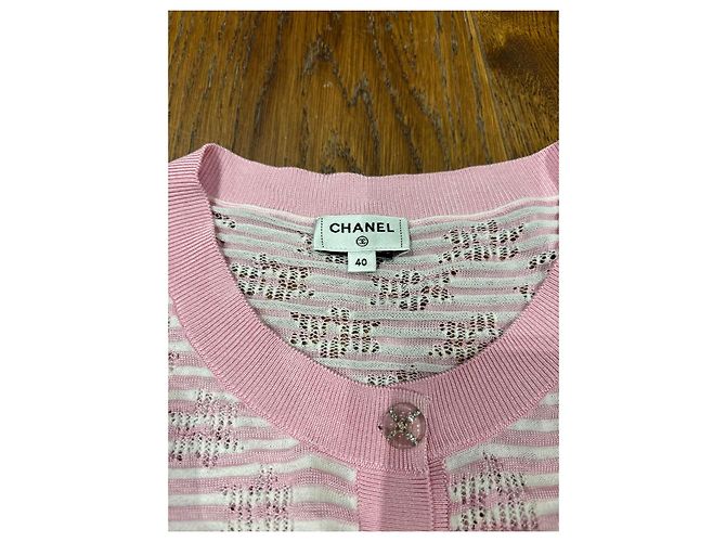 Chanel Cardigã de malha à riscas rosa e branco - vista 3