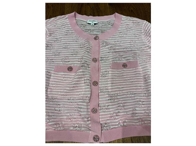 Chanel Cardigã de malha à riscas rosa e branco - vista 8