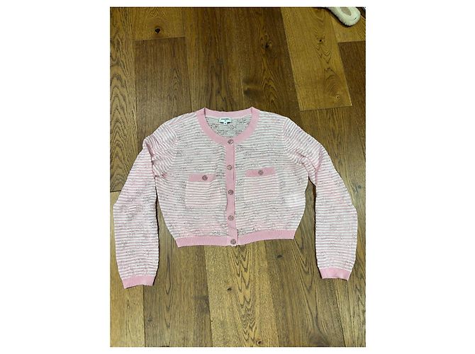 Chanel Cardigã de malha à riscas rosa e branco - vista 9