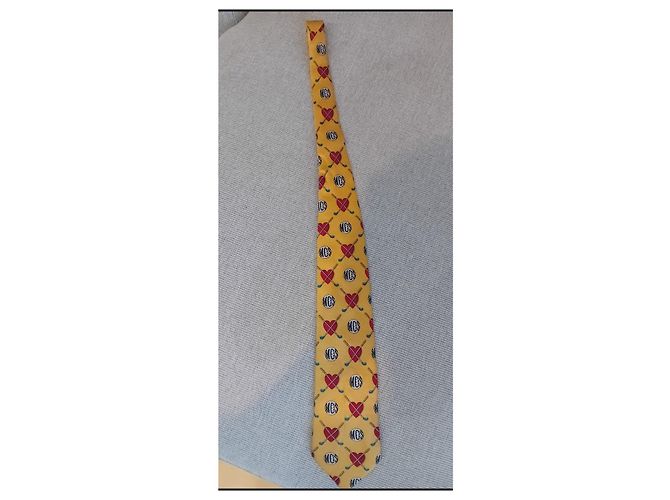 Moschino Yellow Silk Tie with Heart and Golf Pattern Red Blue - view 2