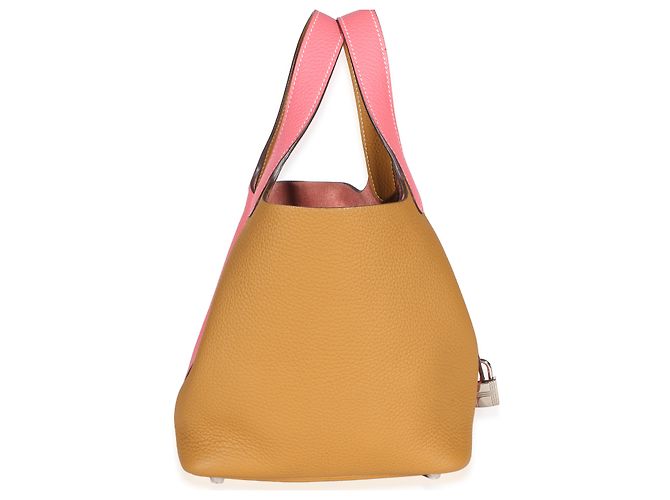 Hermès Rose Azalee Sesame Clemence Casaque Picotin Lock 18 PHW Marrone Rosa - vista 2