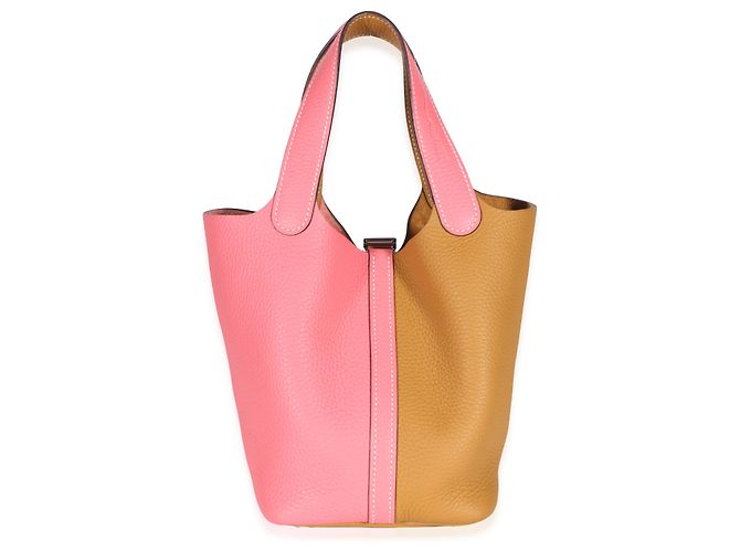 Hermès Rose Azalee Sesame Clemence Casaque Picotin Lock 18 PHW Marrone Rosa - vista 3