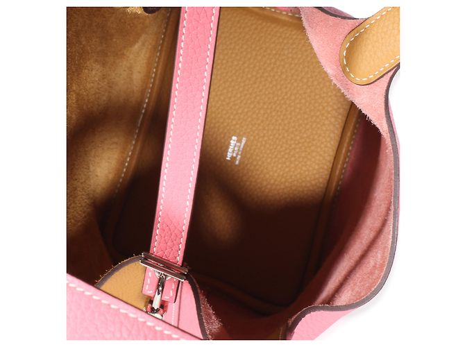 Hermès Rose Azalee Sesame Clemence Casaque Picotin Lock 18 PHW Marrone Rosa - vista 4