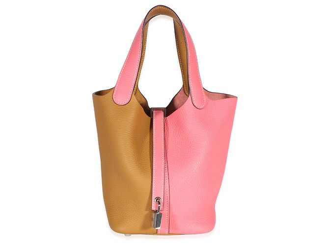 Hermès Rose Azalee Sesame Clemence Casaque Picotin Lock 18 PHW Marrone Rosa - vista 7