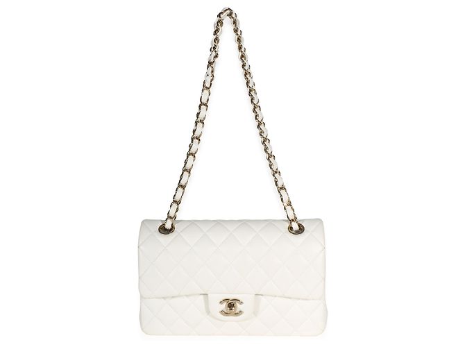Gabrielle Borsa Chanel Small Classic Double Flap in pelle caviar matelassé bianca Bianco - vista 5
