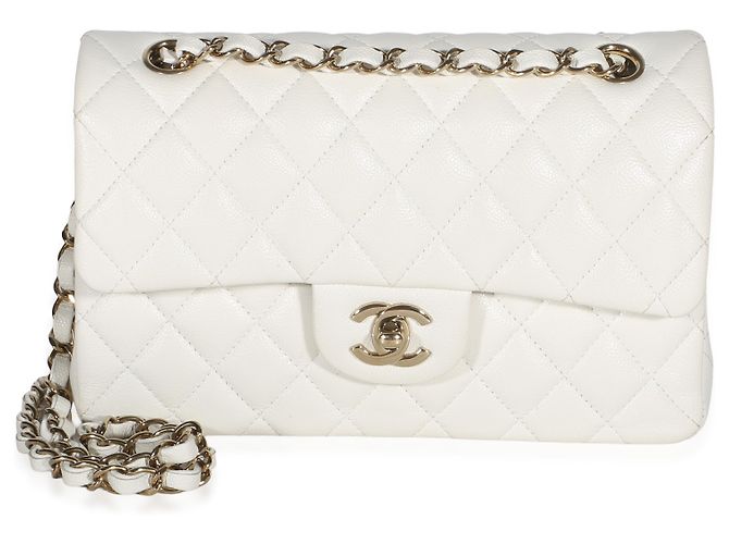 Gabrielle Borsa Chanel Small Classic Double Flap in pelle caviar matelassé bianca Bianco - vista 8