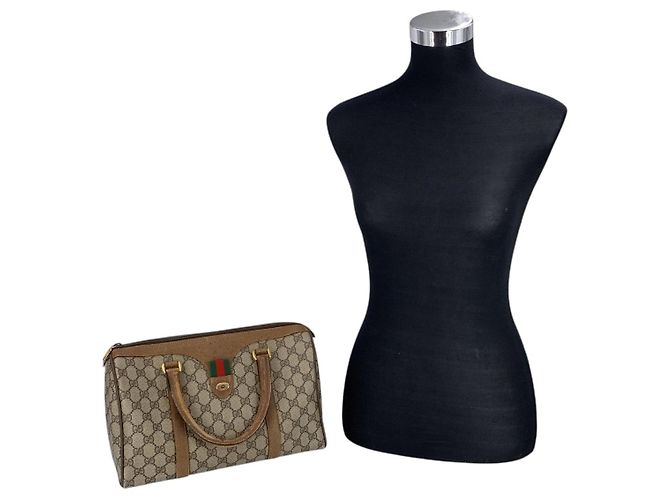 Gucci Vintage Boston Bag aus Monogram Canvas und Leder Web Braun - Ansicht 2