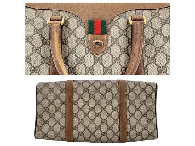 Gucci Vintage Boston Bag aus Monogram Canvas und Leder Web Braun - Ansicht 4