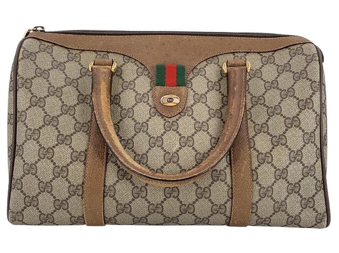 Gucci Vintage Boston Bag aus Monogram Canvas und Leder Web Braun - Ansicht 7