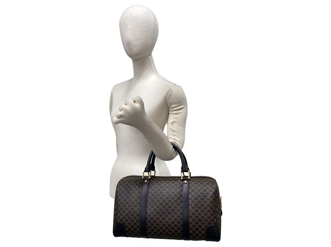 Céline Celine Vintage Macadam Blazon Pattern Leder Handtasche Mini Boston Bag Braun Schwarz - Ansicht 2