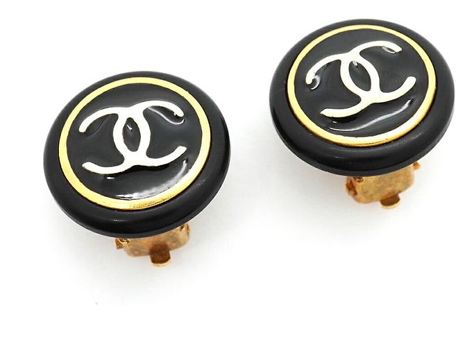 Chanel Coco Mark Circle Clip-On Ohrringe Schwarz Weiß Golden - Ansicht 2