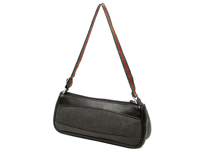 Bolsa de Ombro Gucci em Denim Preto com Web - vista 2