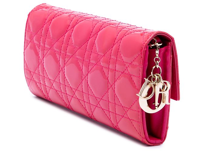 Portefeuille à chaîne Lady Dior en cuir verni rose Cannage de Dior - vue 2