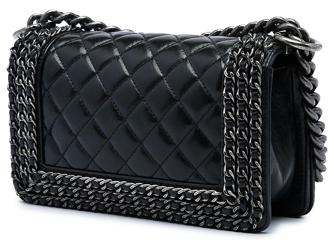 Chanel Black Small Quilted Glazed Calfskin Chained Boy Flap Nero - vista 2