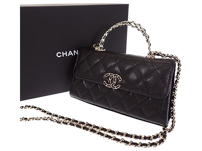 Porta-telemóvel com aba Chanel Black Caviar Coco First com corrente Preto - vista 15