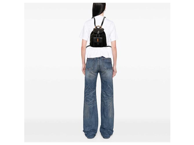 Bamboo Mochila Gucci em camurça preta com cordão e bambu Preto - vista 6