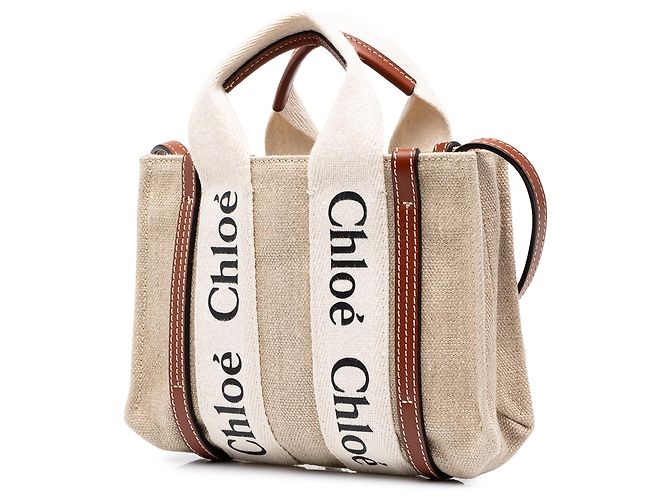 Chloé Mini Tote Woody North South in tela beige - vista 2