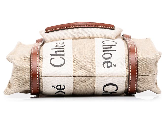 Chloé Mini Tote Woody North South in tela beige - vista 3