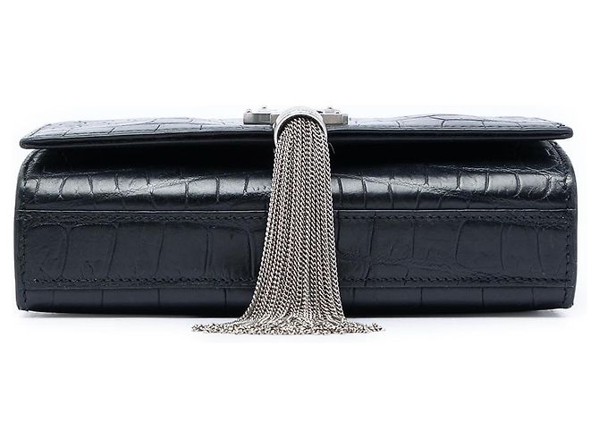 Autre Marque Saint Laurent Black Small Croc Embossed Leather Monogram Kate Tassel Crossbody Nero - vista 3