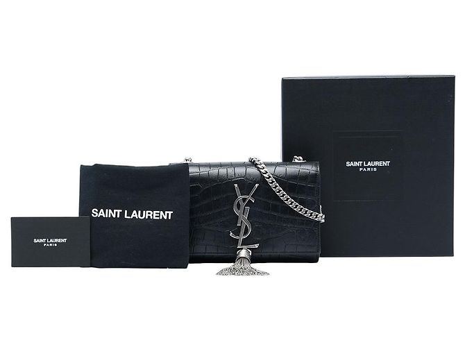 Autre Marque Saint Laurent Black Small Croc Embossed Leather Monogram Kate Tassel Crossbody Nero - vista 7