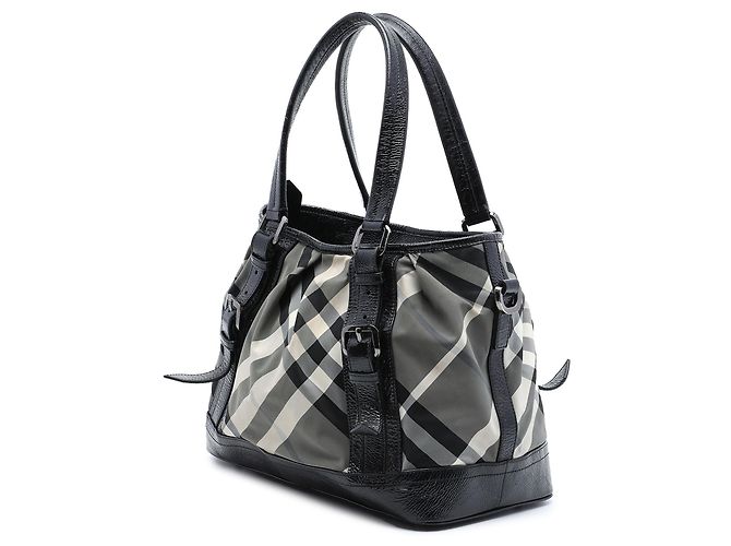 Burberry Lowry Satchel aus Beat Check Nylon in Grau, Medium Braun - Ansicht 2