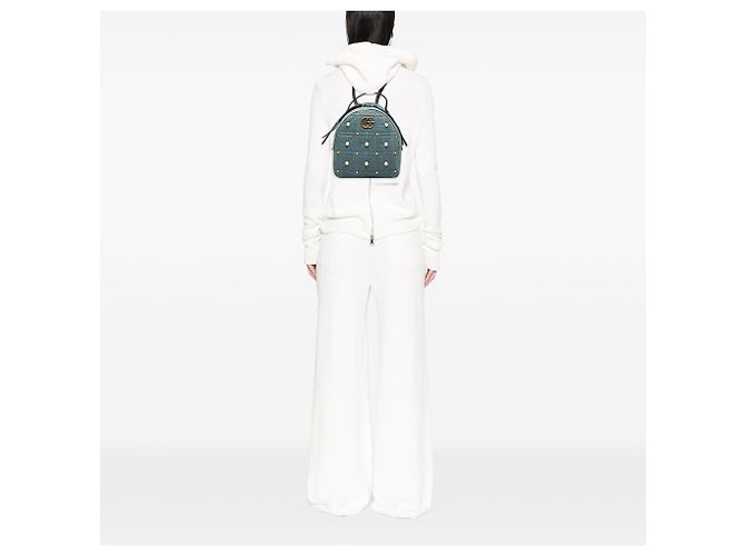 Gucci Blue Small GG Marmont Rucksack aus gestepptem Denim mit Perlen Blau - Ansicht 6