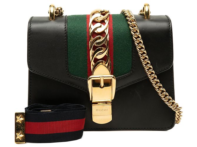 Borsa Gucci Black Mini Calfskin Web Sylvie Chain Satchel Nero - vista 7
