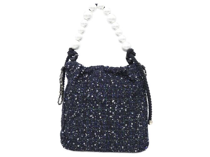 Borsa Chanel in tweed nero e blu navy - vista 2