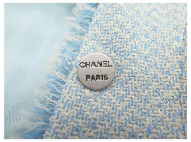 CHANEL SHORT JACKET LOGO BUTTONS P14754 M 38 LIGHT BLUE WOOL TWEED JACKET - view 11