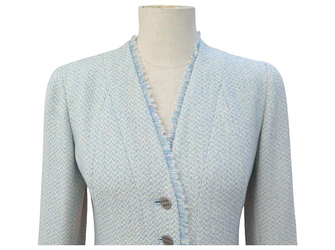 CHANEL SHORT JACKET LOGO BUTTONS P14754 M 38 LIGHT BLUE WOOL TWEED JACKET - view 2