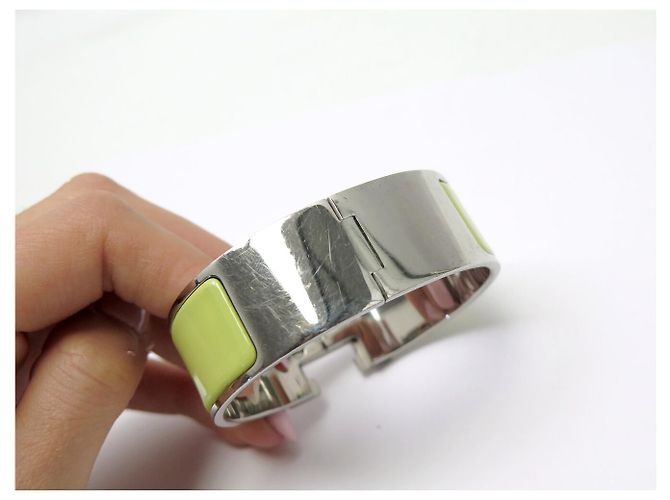 Hermès BRACCIALE HERMES CLIC CLAC H LARGE IN ACCIAIO PALLADIATO & SMALTO VERDE T16 BANGLE - vista 12