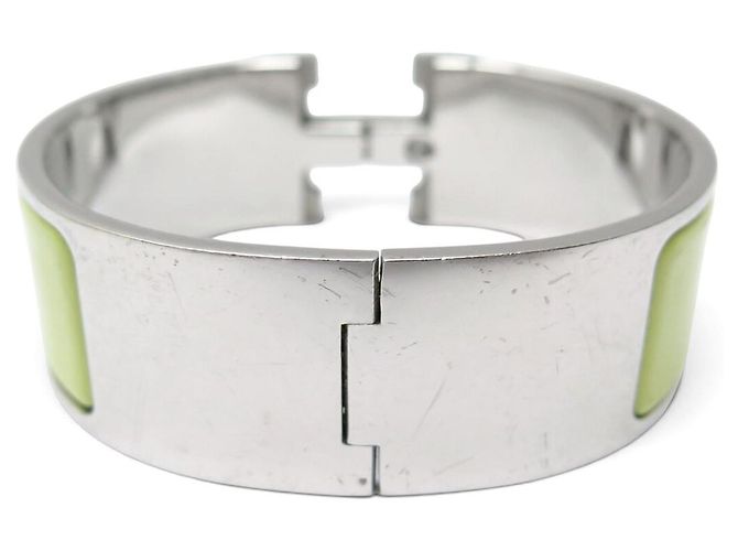 Hermès BRACCIALE HERMES CLIC CLAC H LARGE IN ACCIAIO PALLADIATO & SMALTO VERDE T16 BANGLE - vista 3