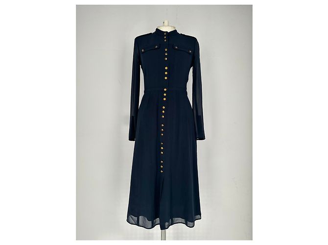 Abito midi a maniche lunghe con bottoni Burberry in seta blu navy - vista 4