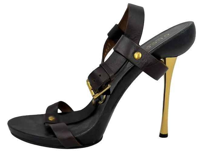 Sandali con tacco Gucci Kylie T-Strap in pelle marrone Rosso - vista 8