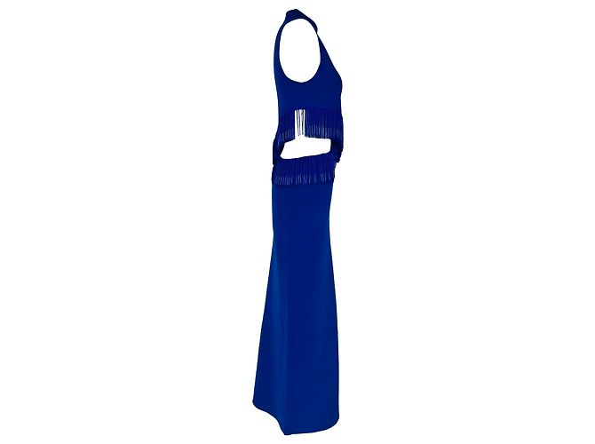 Autre Marque Abito maxi Nova con perline, frange e cutout di Galvan London in viscosa blu - vista 2
