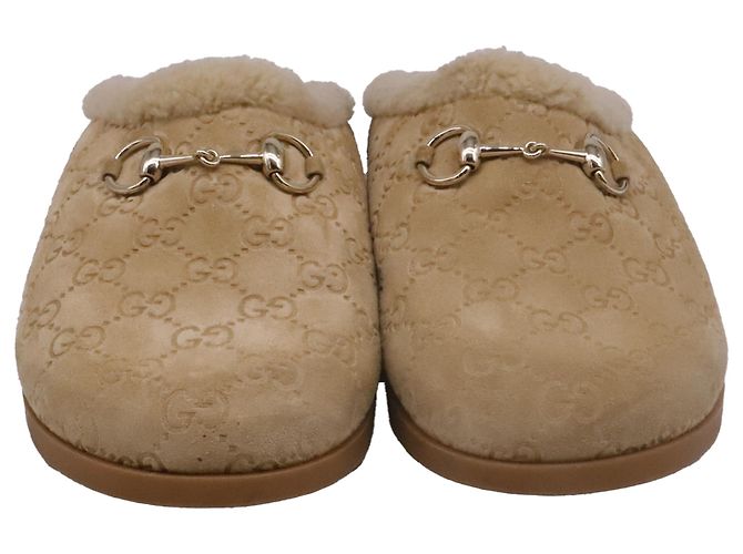 Mules Gucci Sol Horsebit in shearling e camoscio beige - vista 2