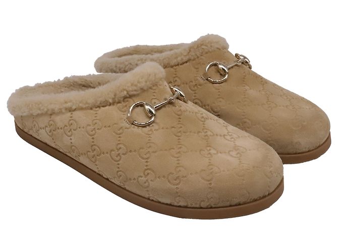 Mules Gucci Sol Horsebit in shearling e camoscio beige - vista 3