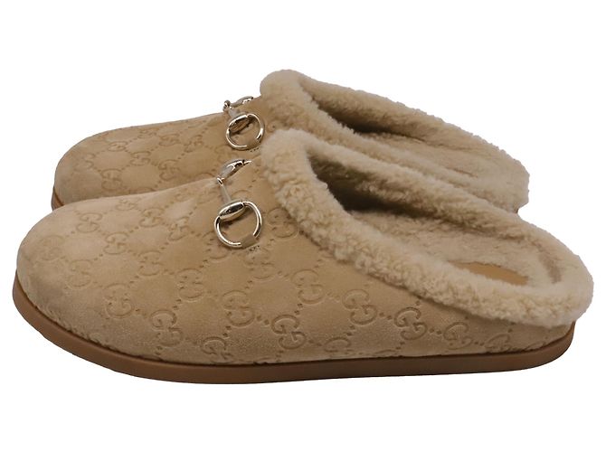 Mules Gucci Sol Horsebit in shearling e camoscio beige - vista 4