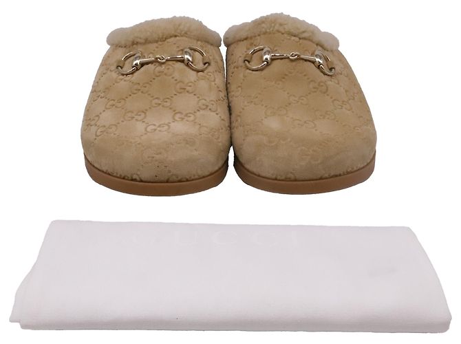 Mules Gucci Sol Horsebit in shearling e camoscio beige - vista 6
