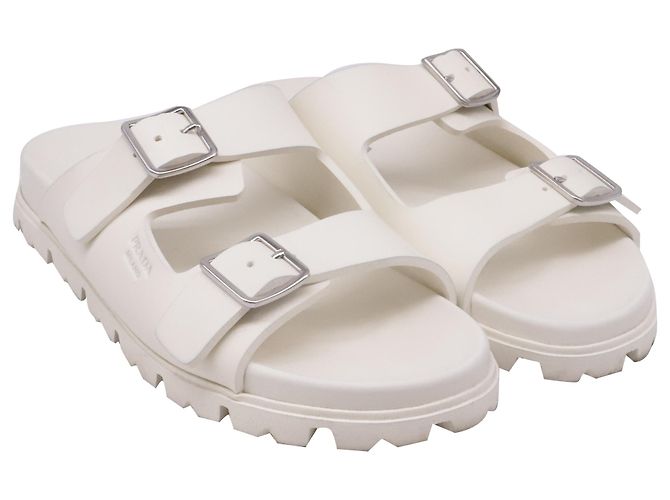 Sandali slide Prada con doppia fibbia in gomma bianca Bianco Crudo - vista 3